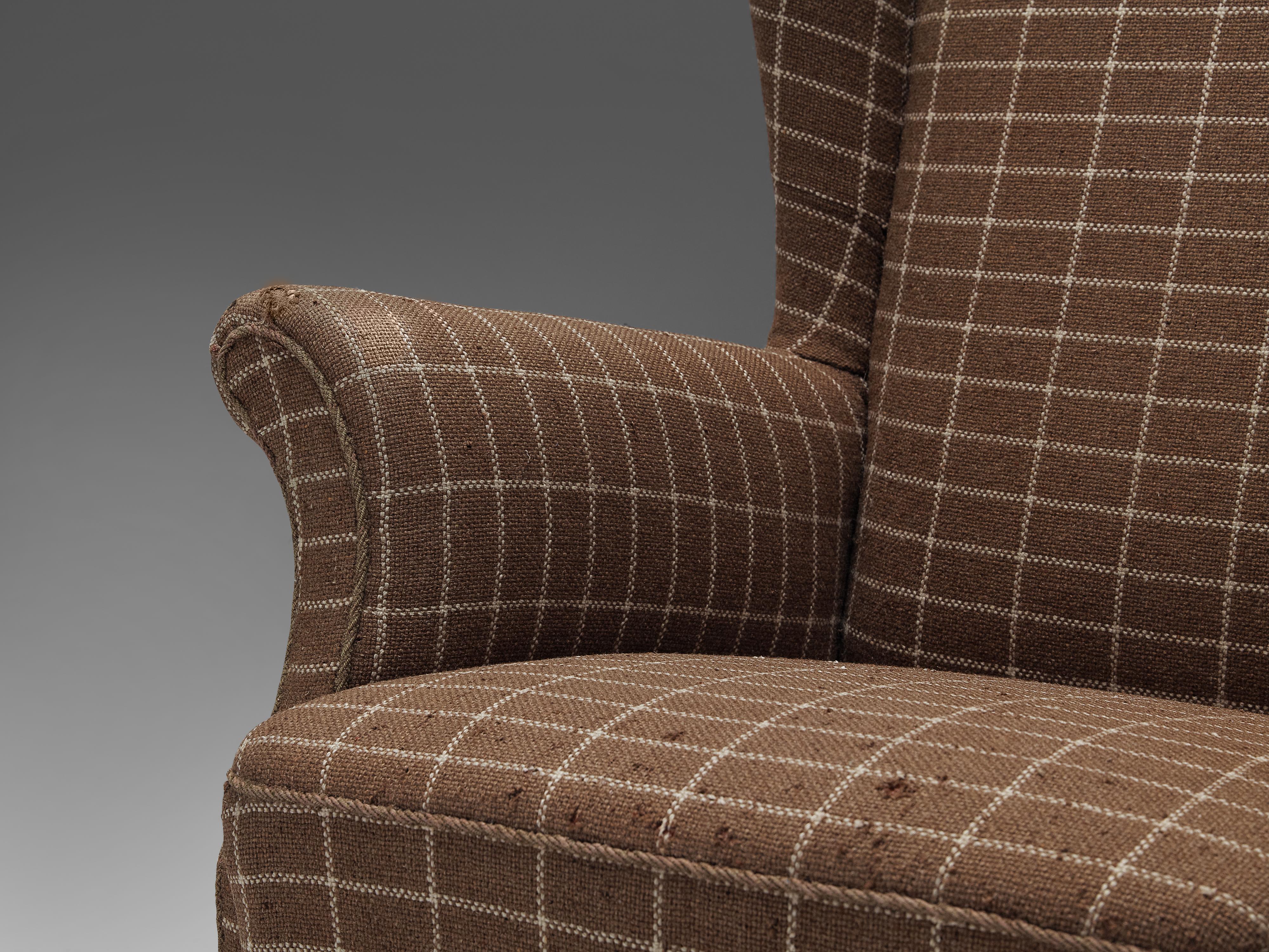 Mid-20th Century Danish Wingback Chair in Brown Checkered Upholstery