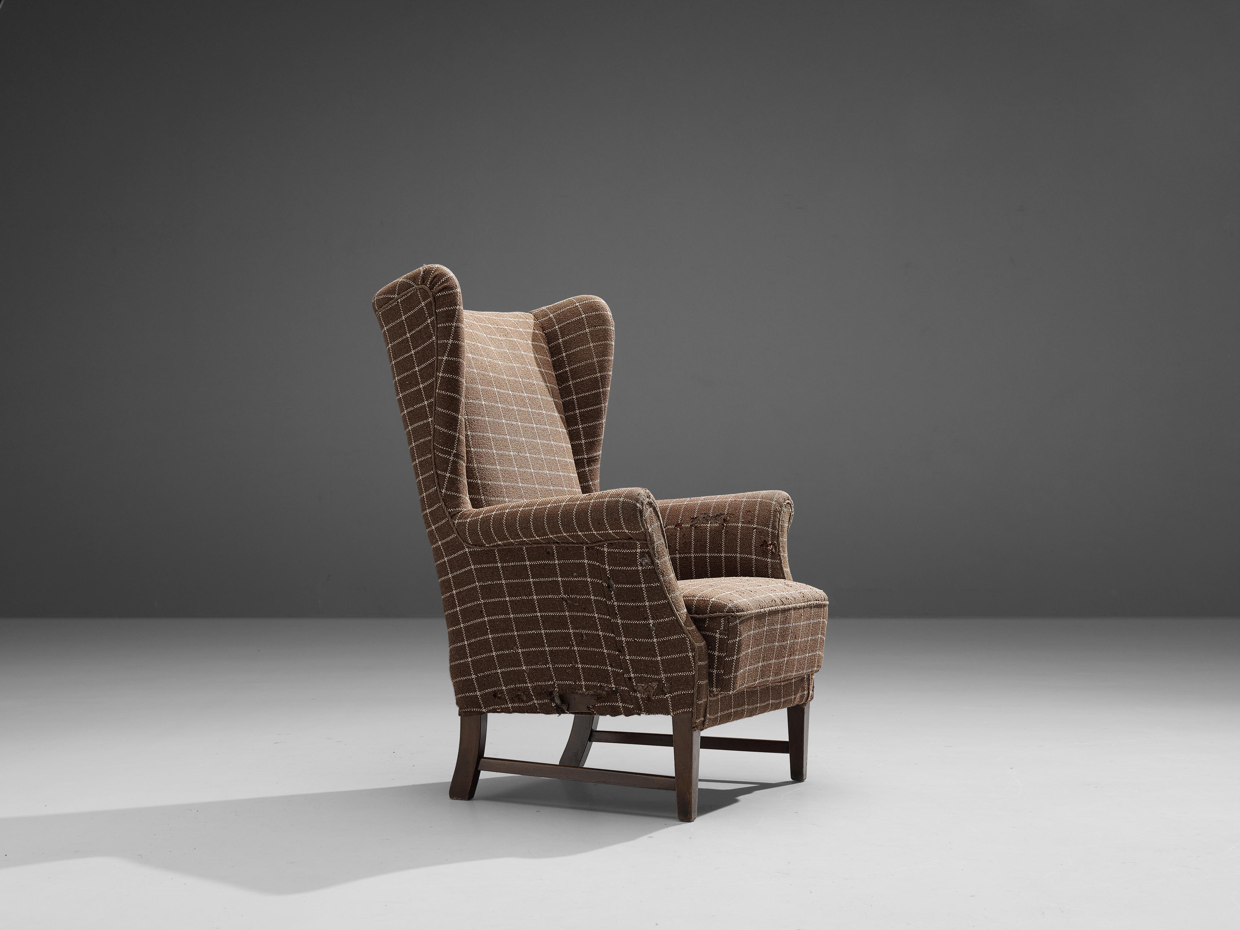 Fabric Danish Wingback Chair in Brown Checkered Upholstery