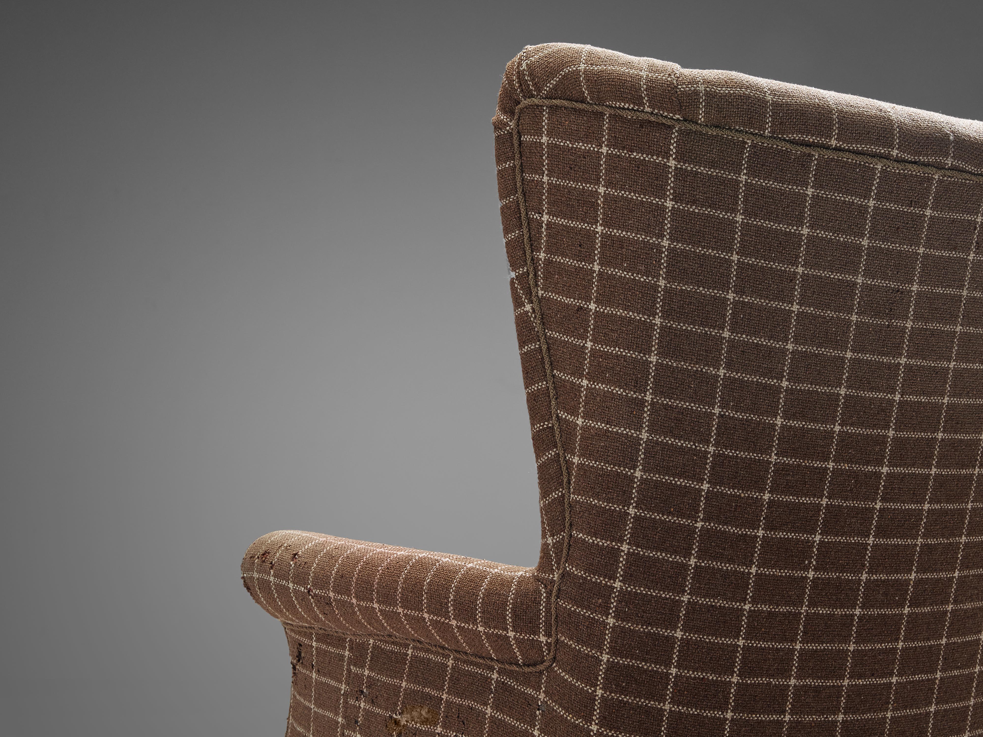 Danish Wingback Chair in Brown Checkered Upholstery 1