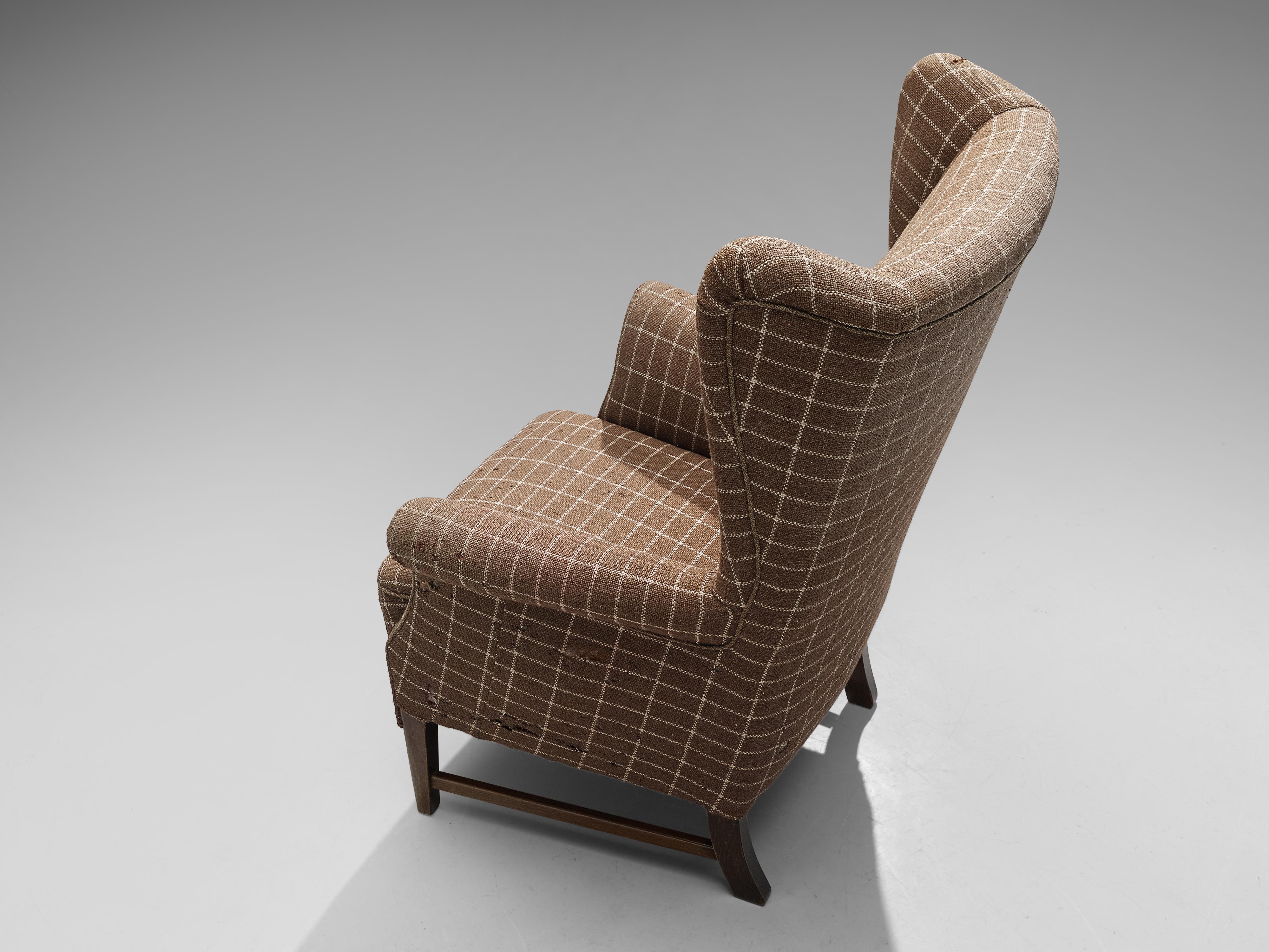 Danish Wingback Chair in Brown Checkered Upholstery 2