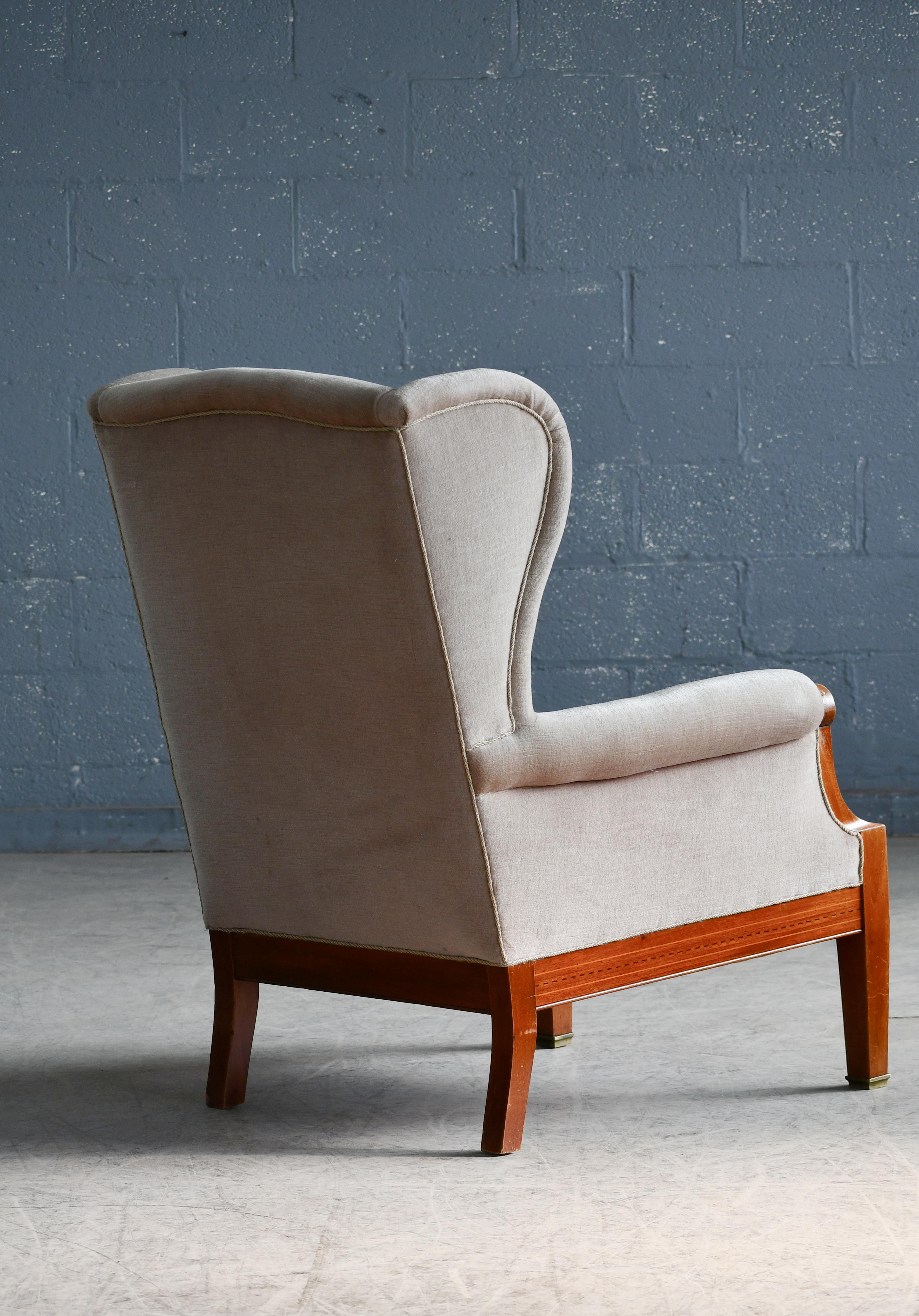 Danish Wingback Chair in Mohair and Mahogany with Marquetry ca. 1930's 5