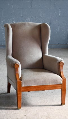 Danish Wingback Chair in Mohair and Mahogany with Marquetry ca. 1930's