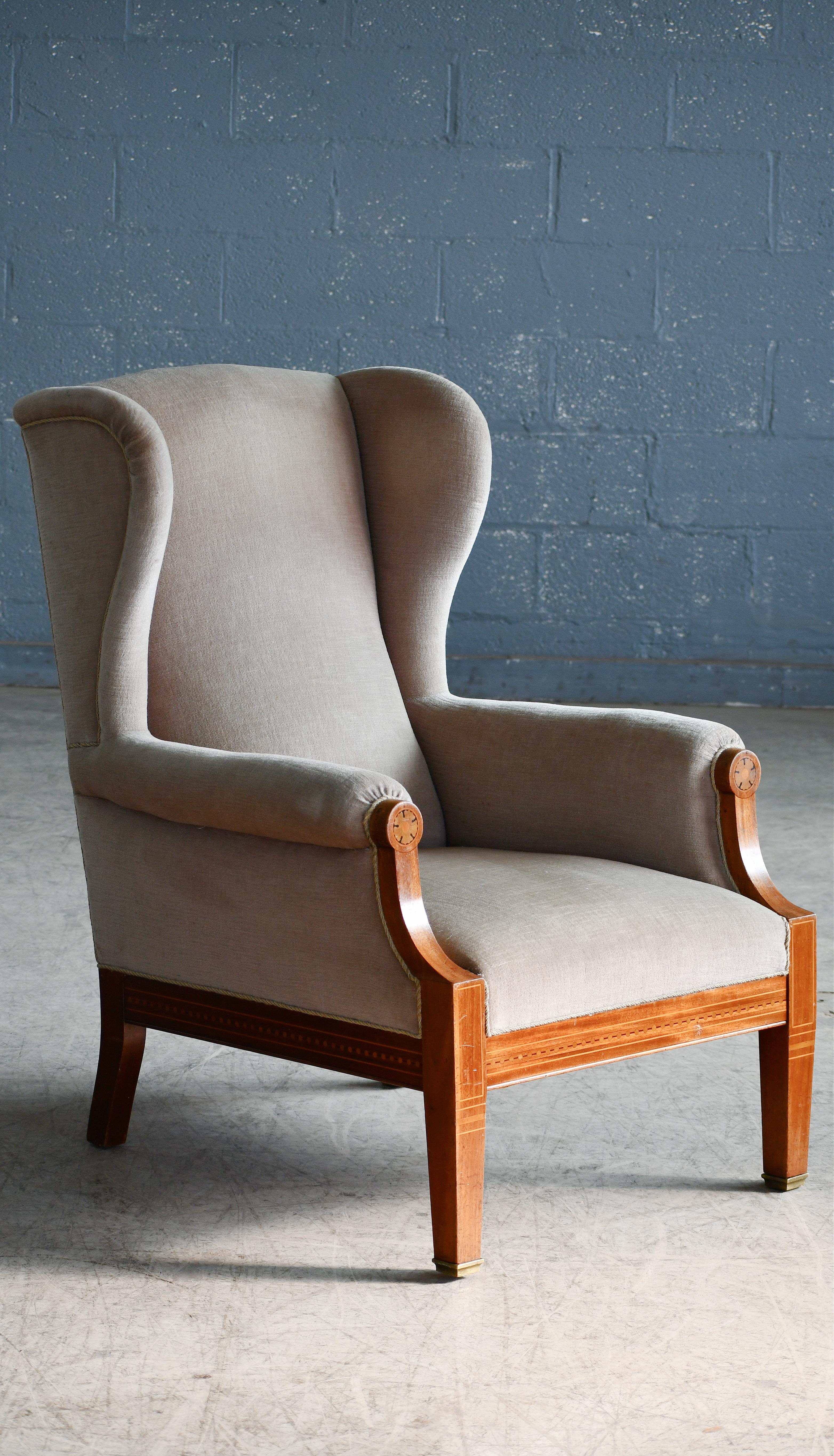 Scandinavian Modern Danish Wingback Chair in Mohair and Mahogany with Marquetry ca. 1930's