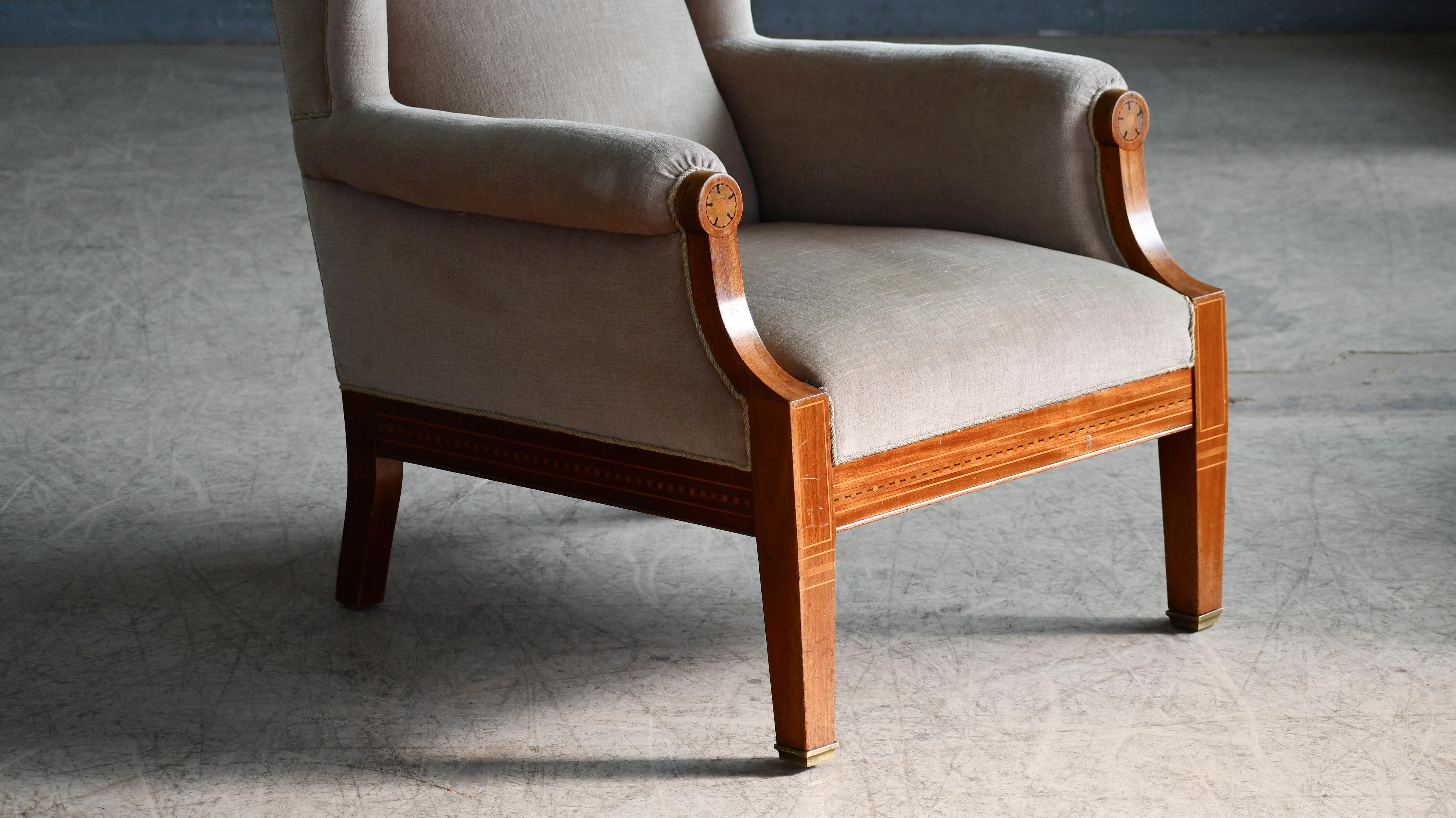 Mid-20th Century Danish Wingback Chair in Mohair and Mahogany with Marquetry ca. 1930's