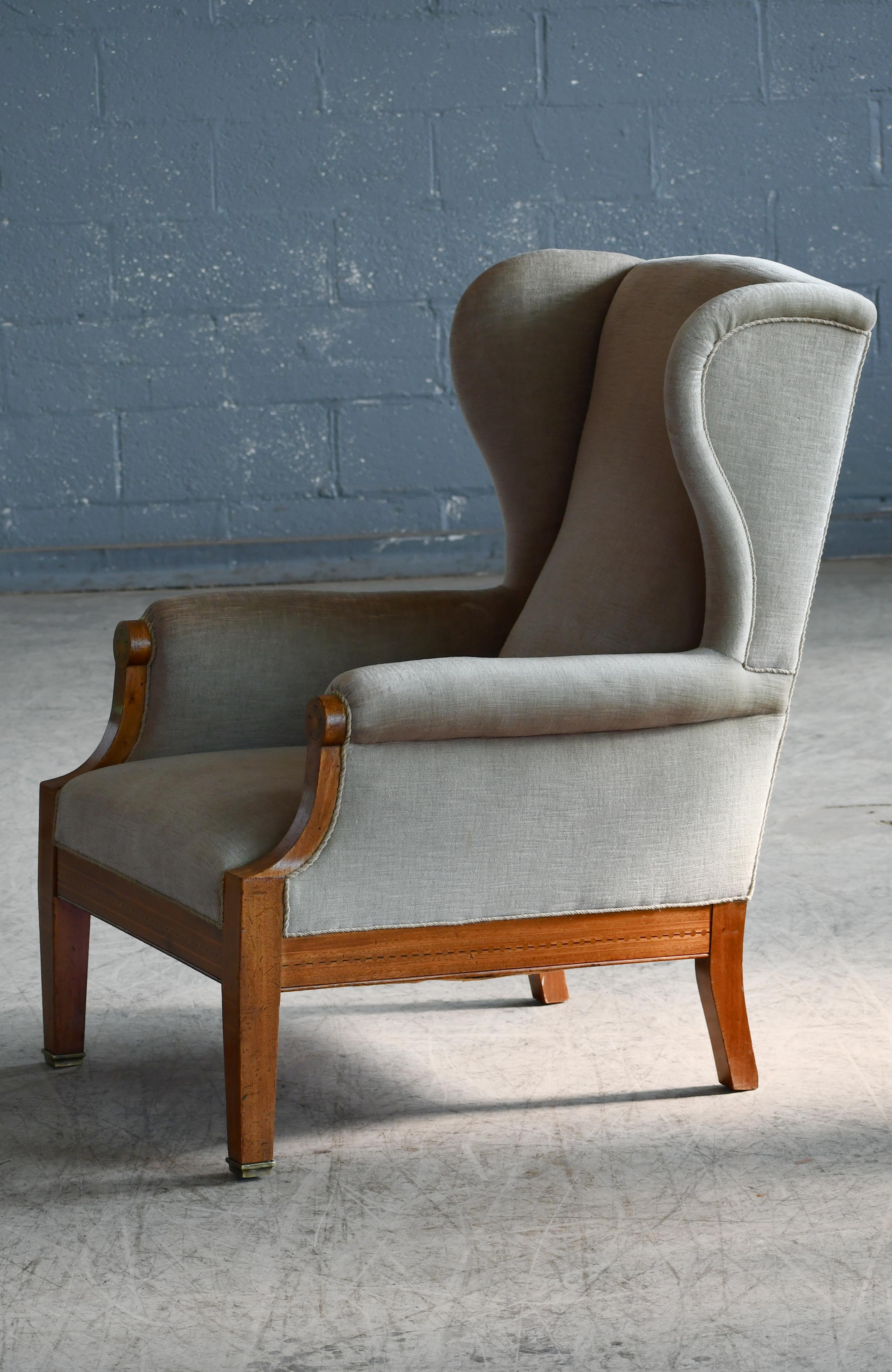 Danish Wingback Chair in Mohair and Mahogany with Marquetry ca. 1930's For Sale 3