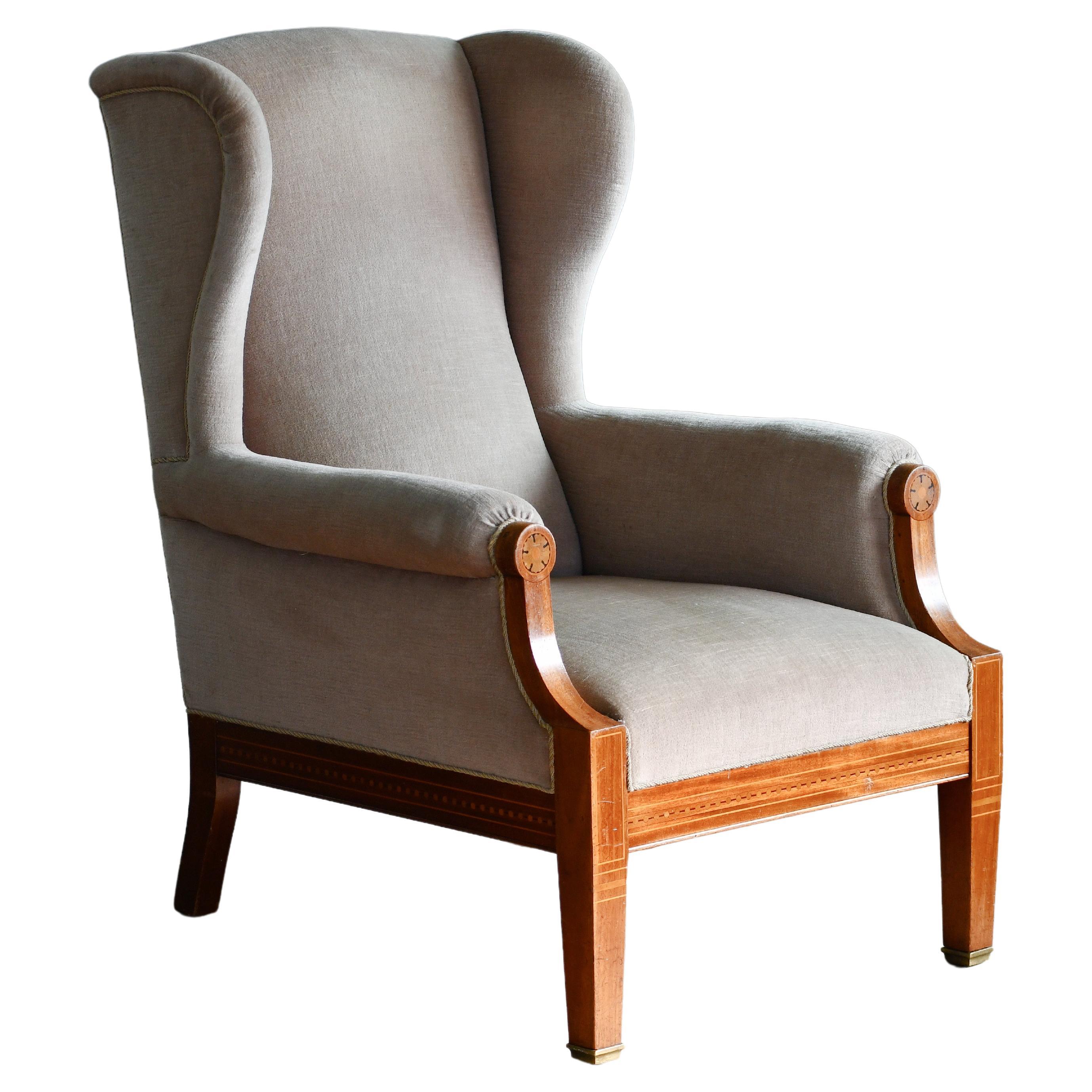 Danish Wingback Chair in Mohair and Mahogany with Marquetry ca. 1930's For Sale