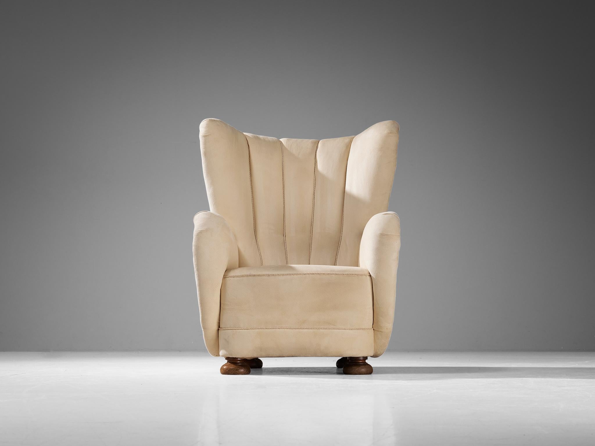 Scandinavian Modern Danish Wingback Chair in Off White Upholstery For Sale