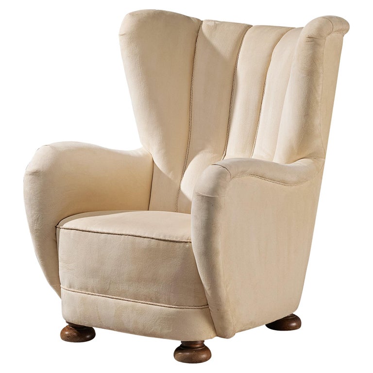 Danish Wingback Chair in Off White Upholstery For Sale at 1stDibs