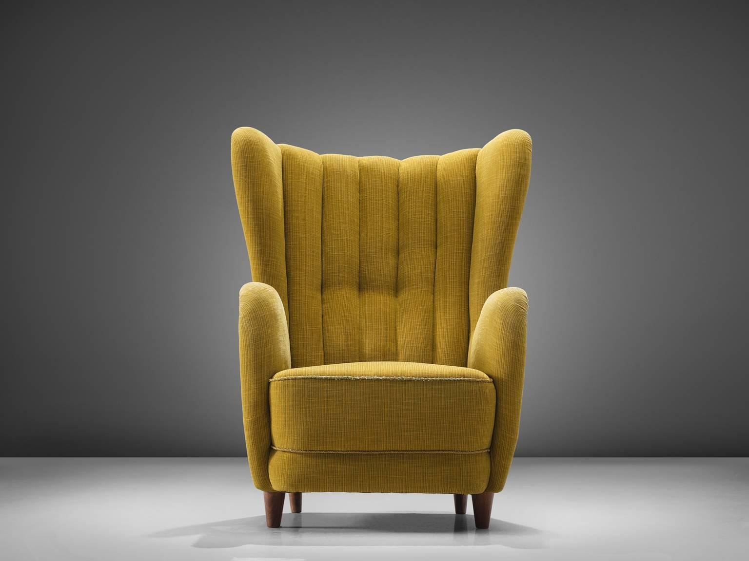 Scandinavian Modern Danish Wingback Chair in Original Yellow Upholstery