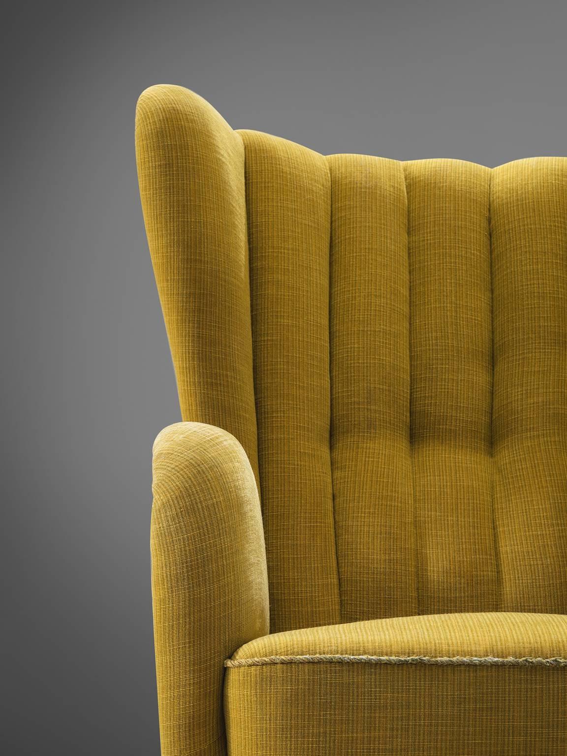 Danish Wingback Chair in Original Yellow Upholstery In Good Condition In Waalwijk, NL