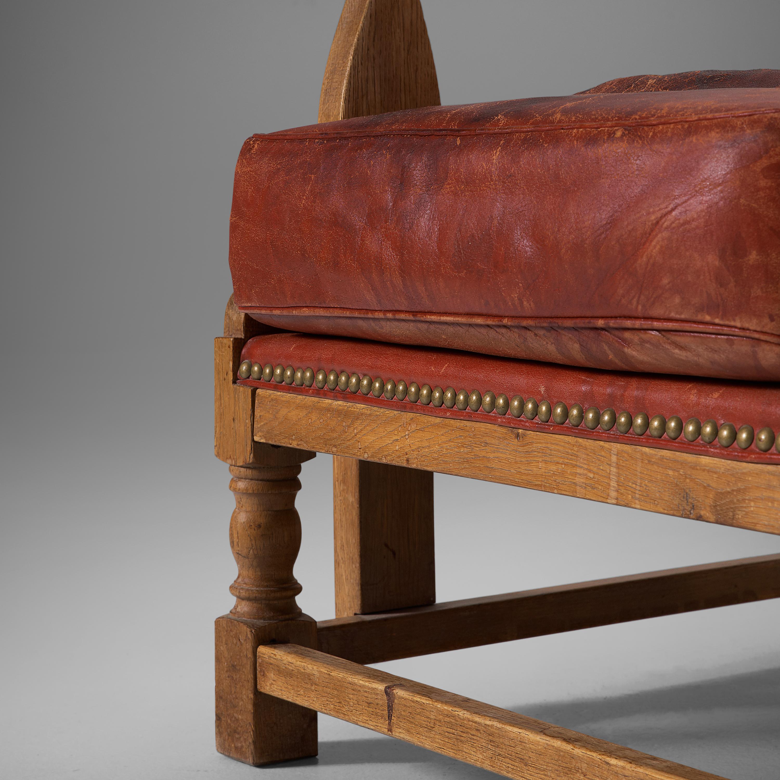 Mid-20th Century Danish Wingback Chair in Red Leather and Oak For Sale