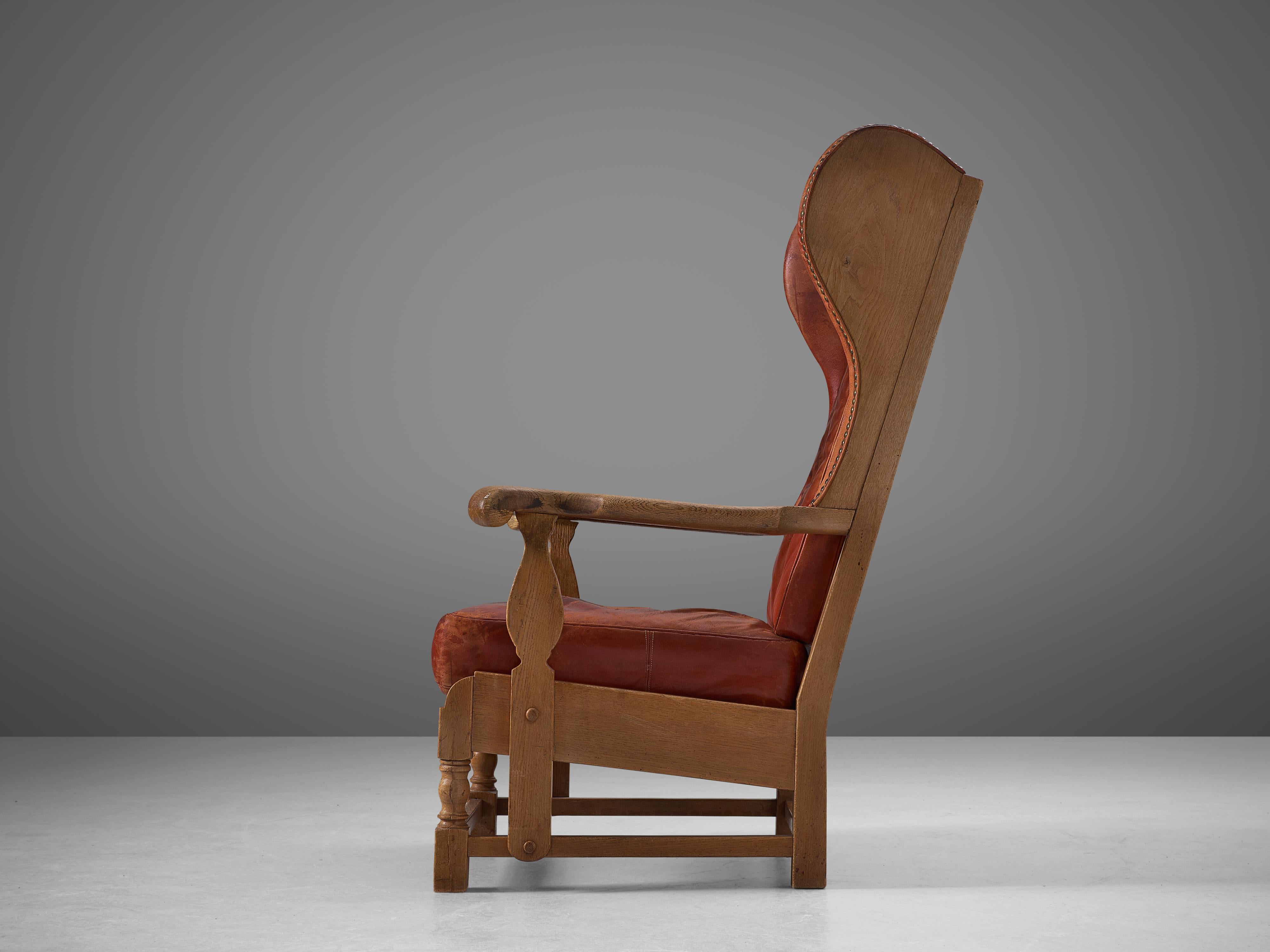 Danish Wingback Chair in Red Leather and Oak For Sale 1