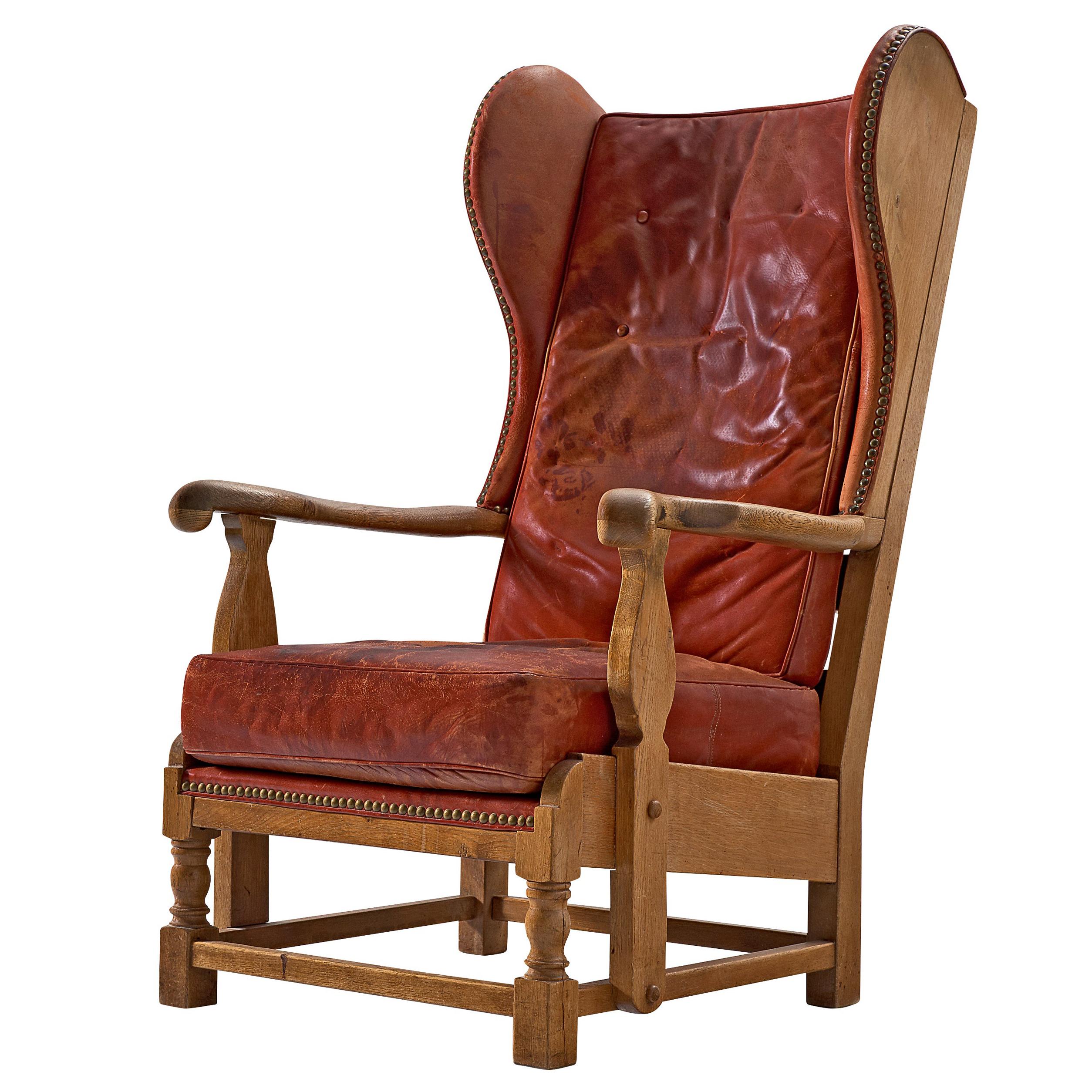 Danish Wingback Chair in Red Leather and Oak For Sale