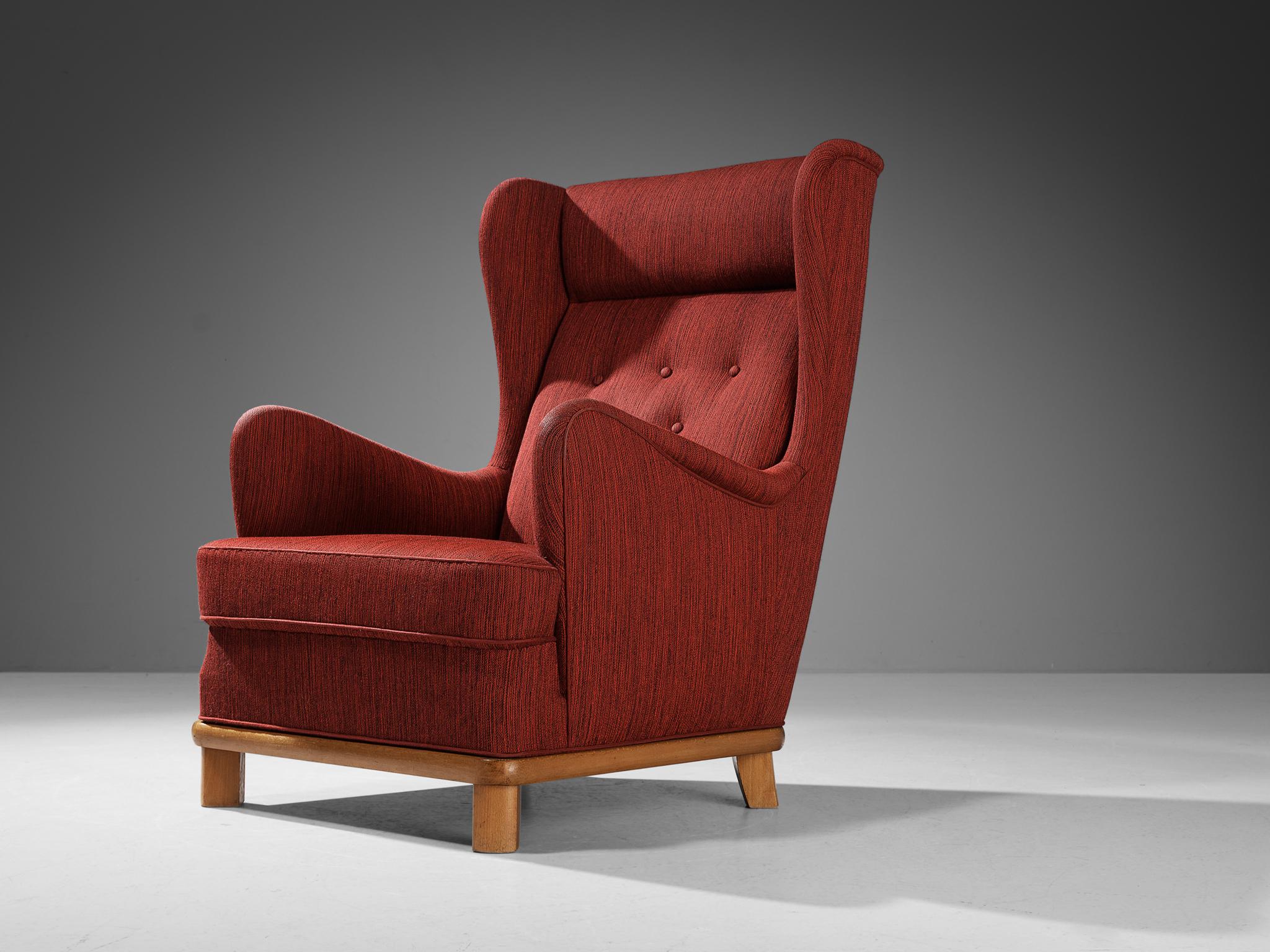 Scandinavian Modern Danish Wingback Chair in Red Upholstery For Sale