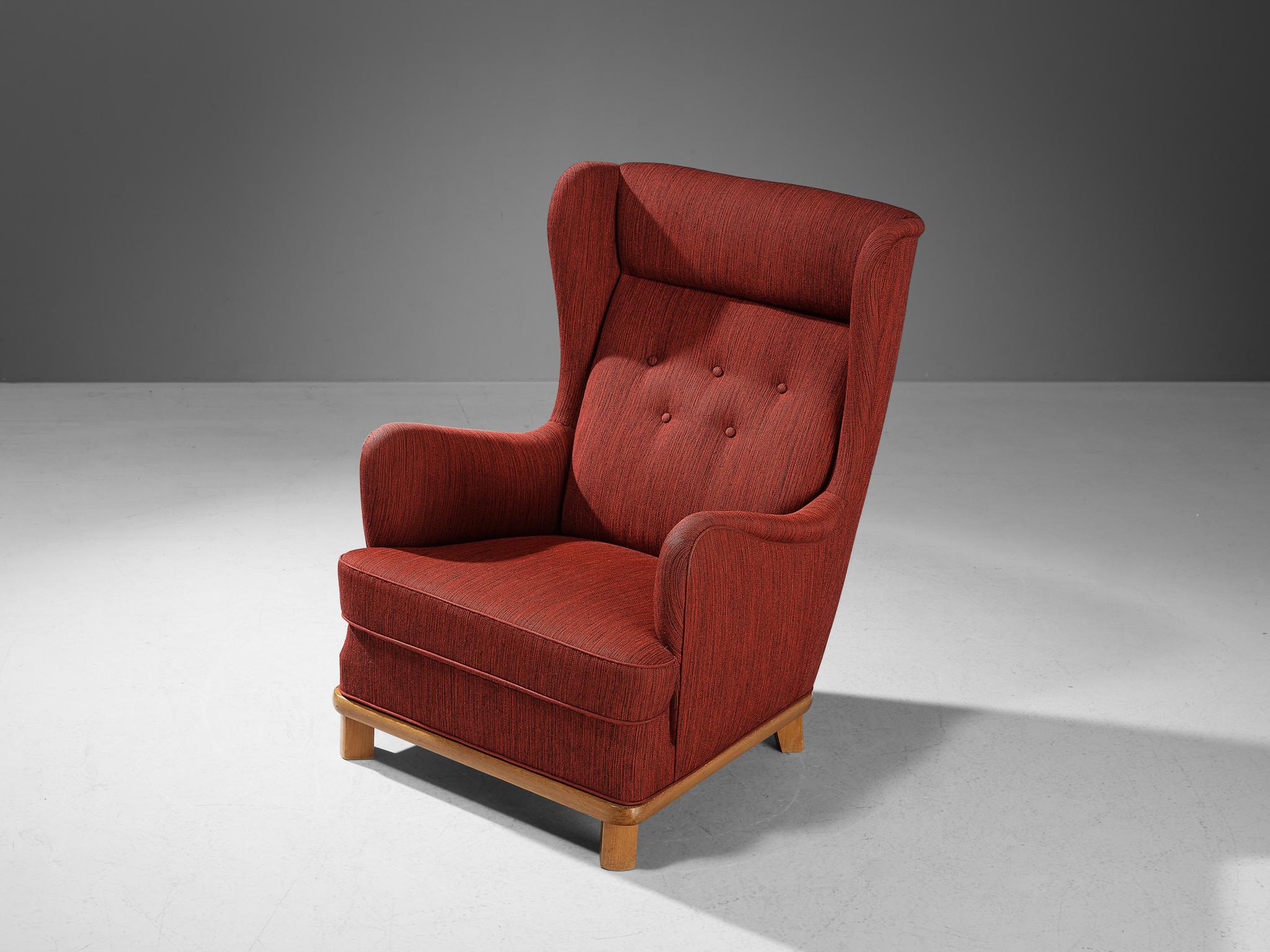 Fabric Danish Wingback Chair in Red Upholstery For Sale