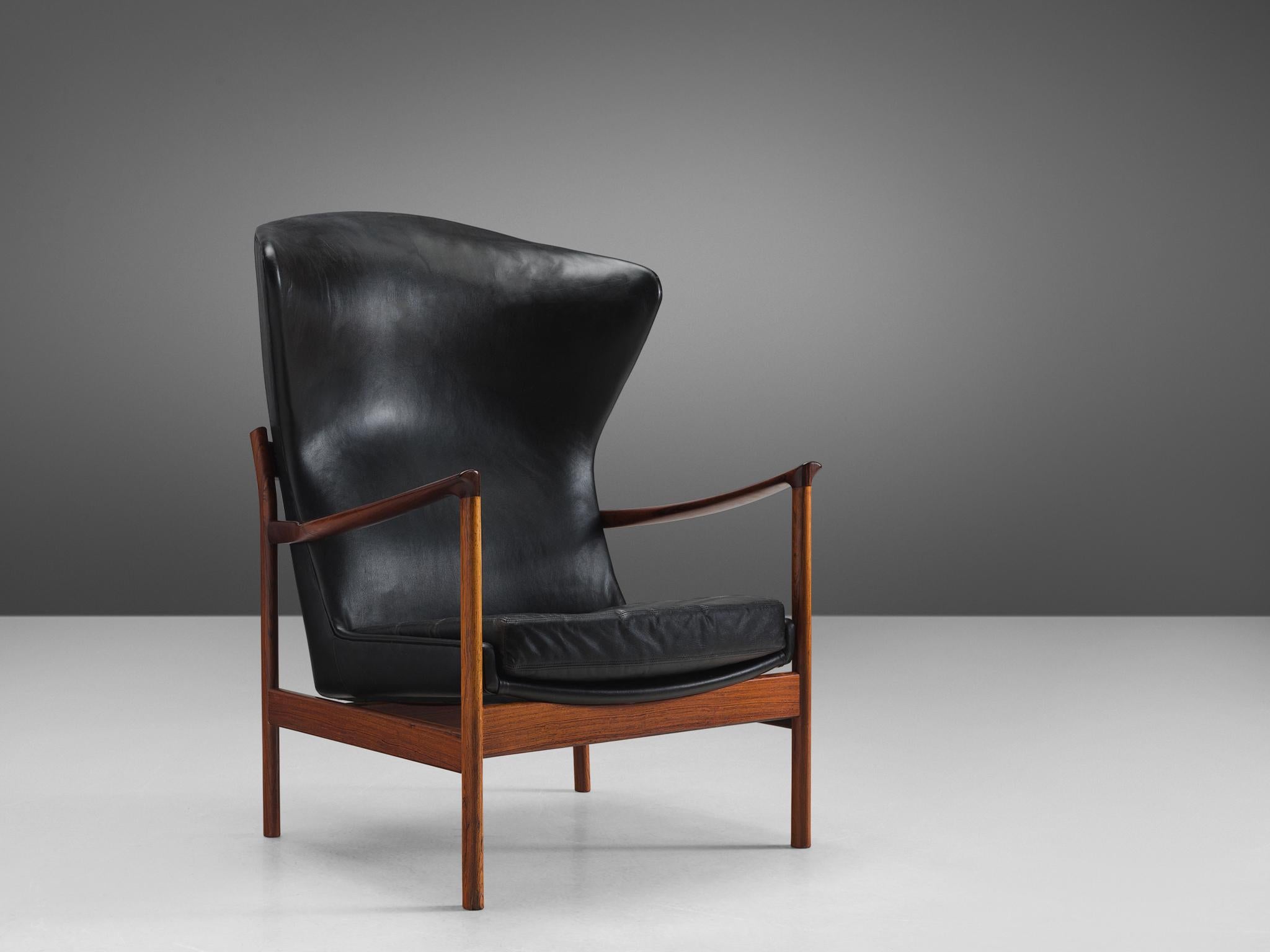 Scandinavian Modern Danish Wingback Chair in Rosewood and Leather