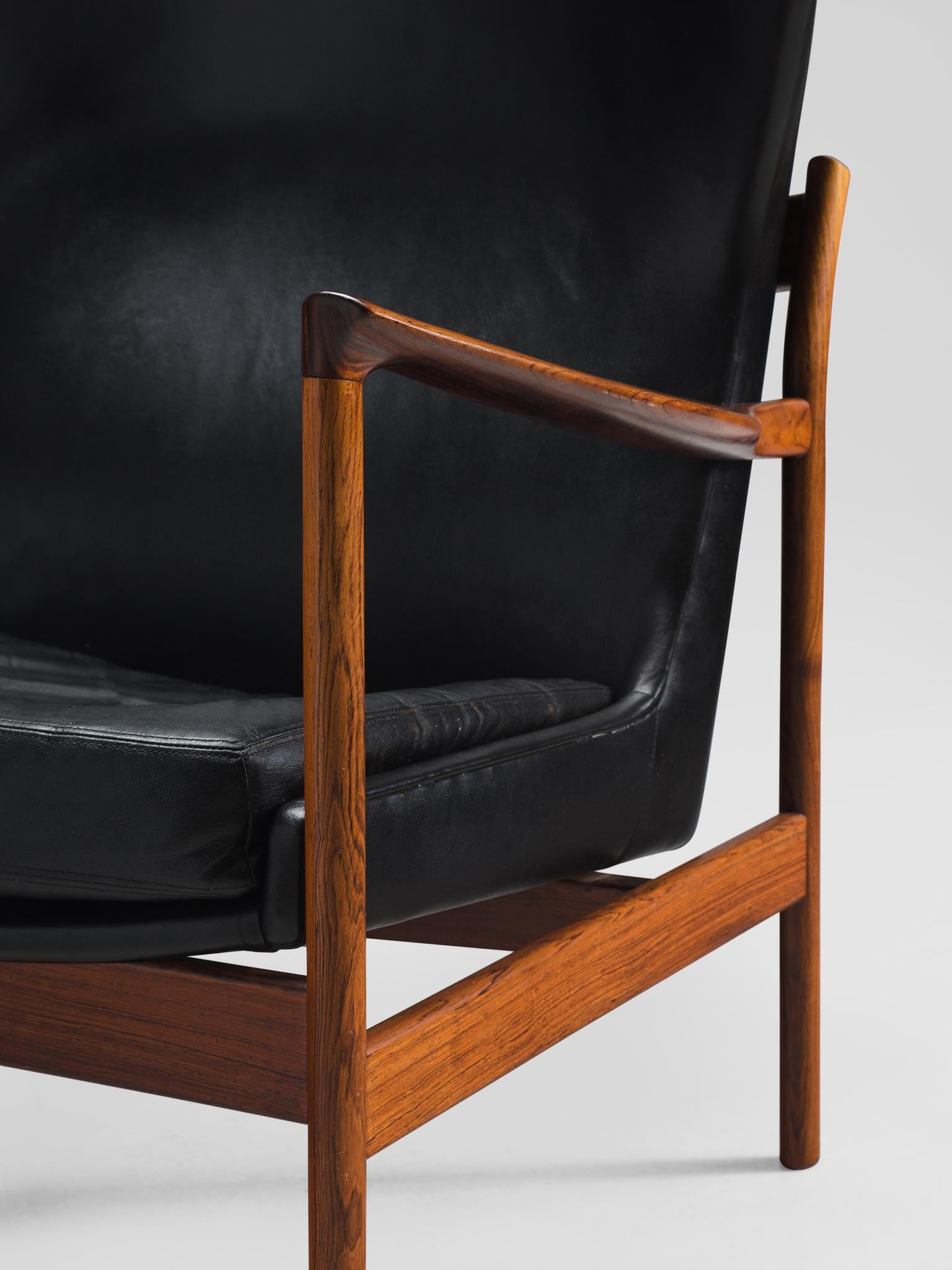 Wood Danish Wingback Chair in Rosewood and Leather