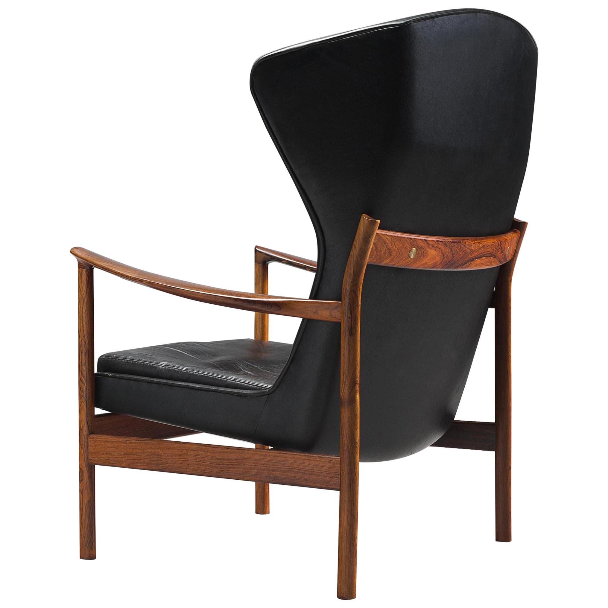 Danish Wingback Chair in Rosewood and Leather