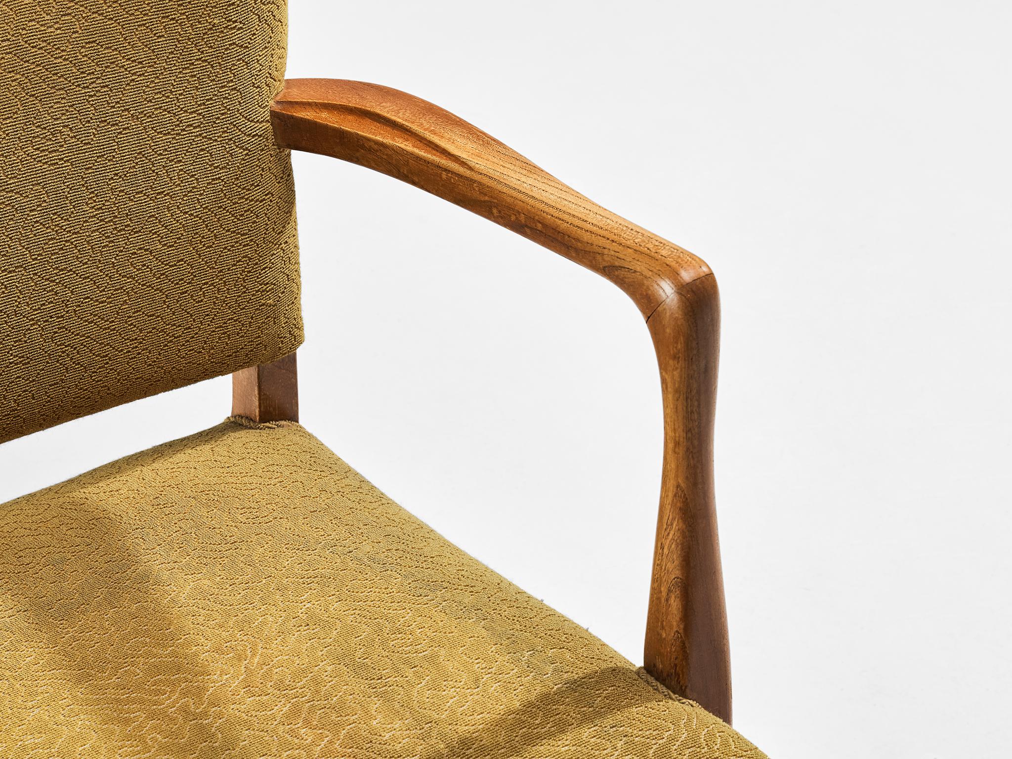Fabric Danish Wingback Chair in Teak and Mustard Yellow Upholstery  For Sale