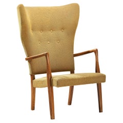Danish Wingback Chair in Teak and Mustard Yellow Upholstery 