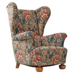Danish Wingback Lounge Chair in Floral Upholstery