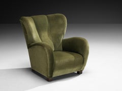 Danish Wingback Lounge Chair in Moss Green Upholstery