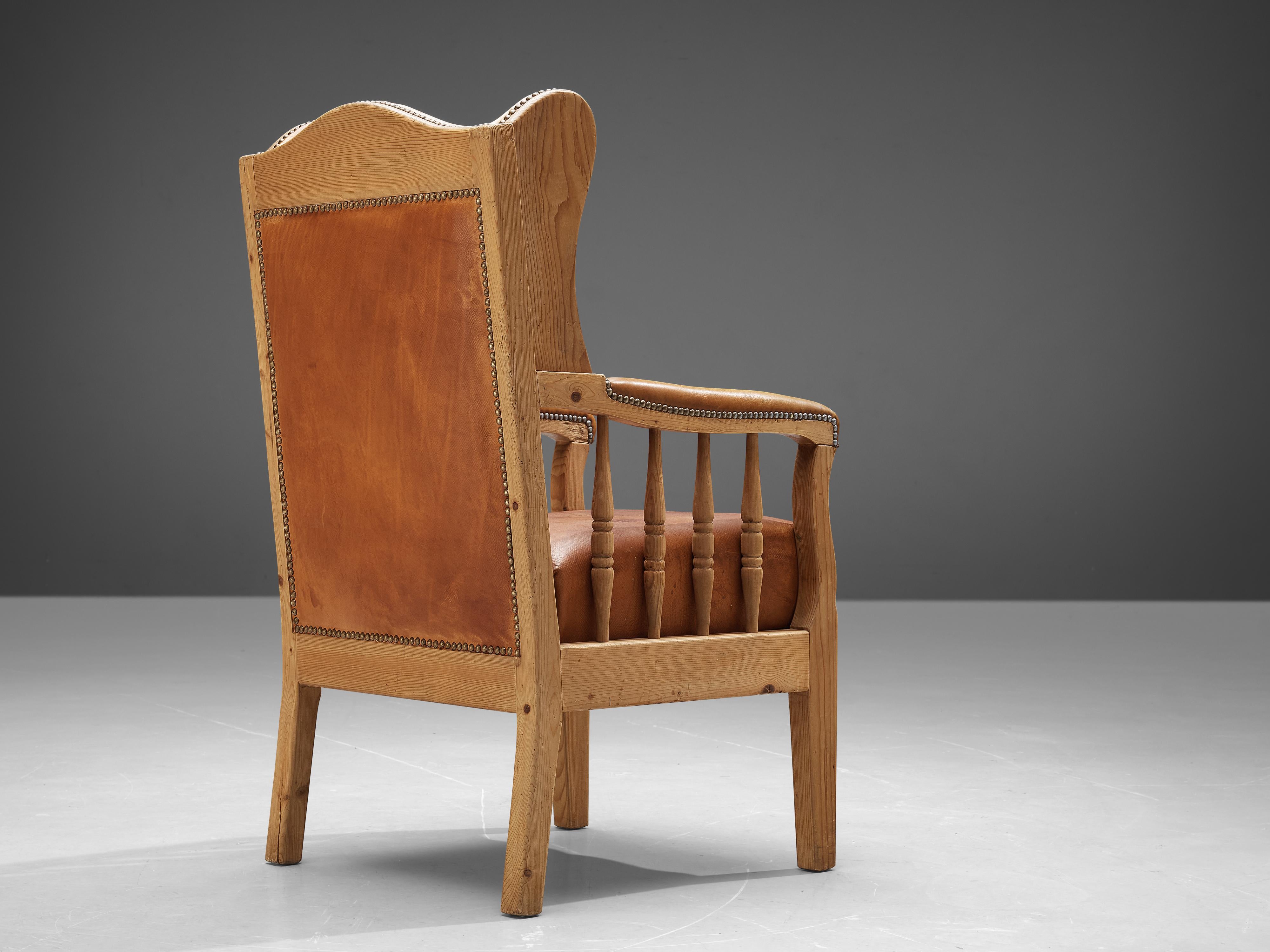 Scandinavian Modern Danish Wingback Lounge Chair in Original Cognac Leather For Sale