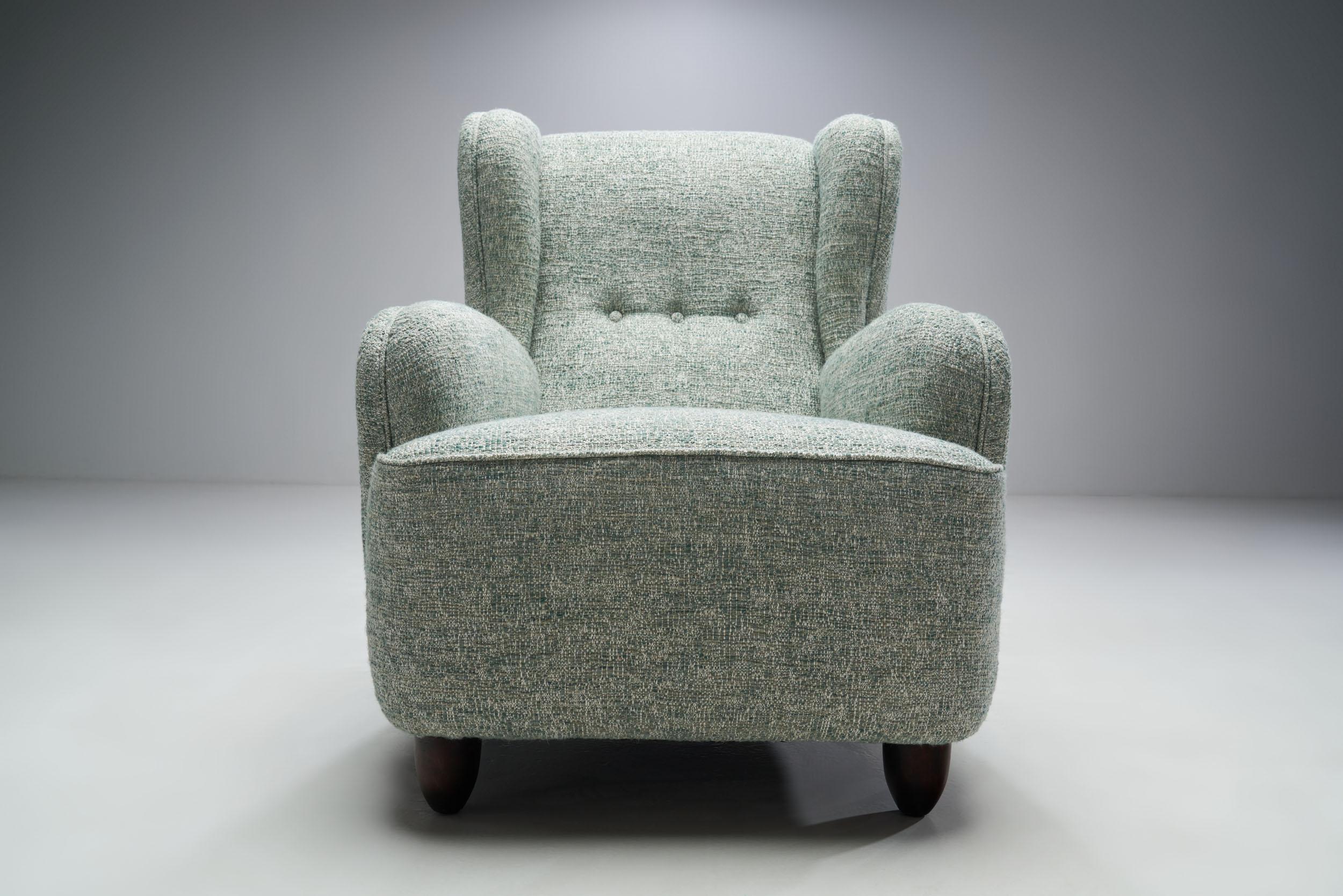 Fabric Danish Wingback Lounge Chair with Dark Stained Beech Legs, Denmark, 1950s