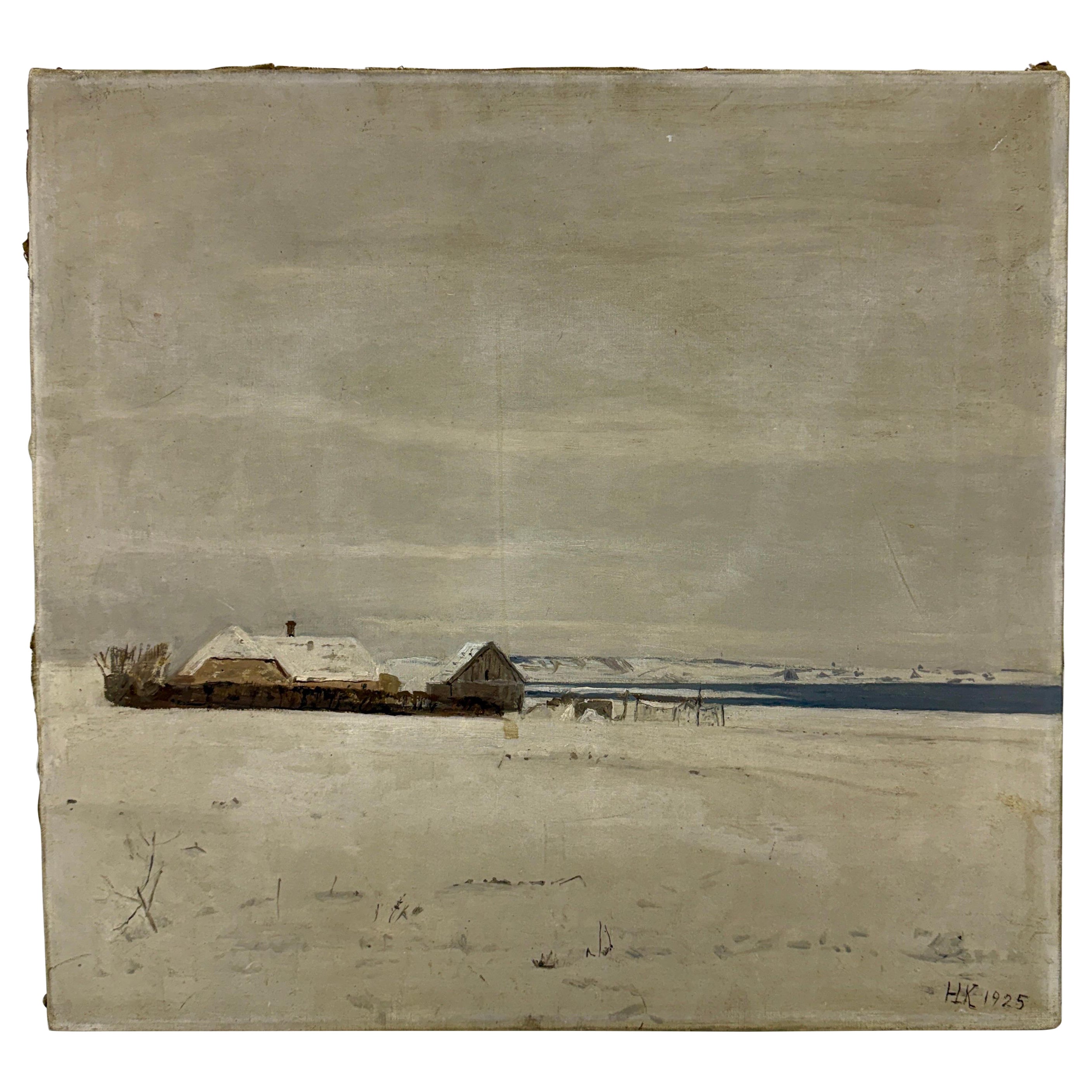 Danish Winter Landscape Oil Painting, Denmark, Signed HK Hans Knudsen 1925