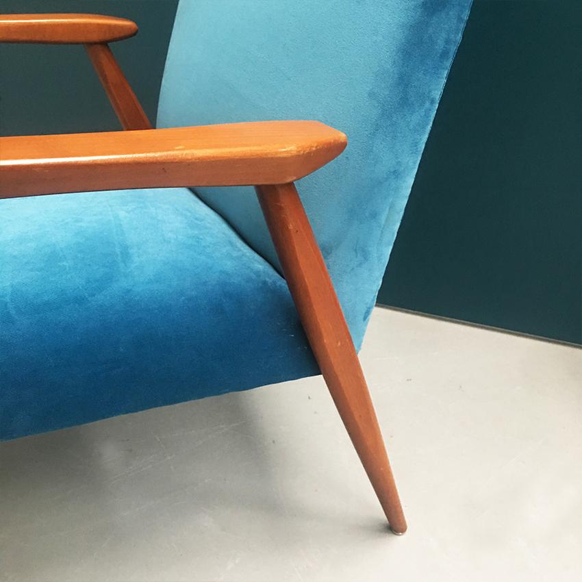Danish Wooden Structure and Light Blue Velvet Armchair, 1960s 5