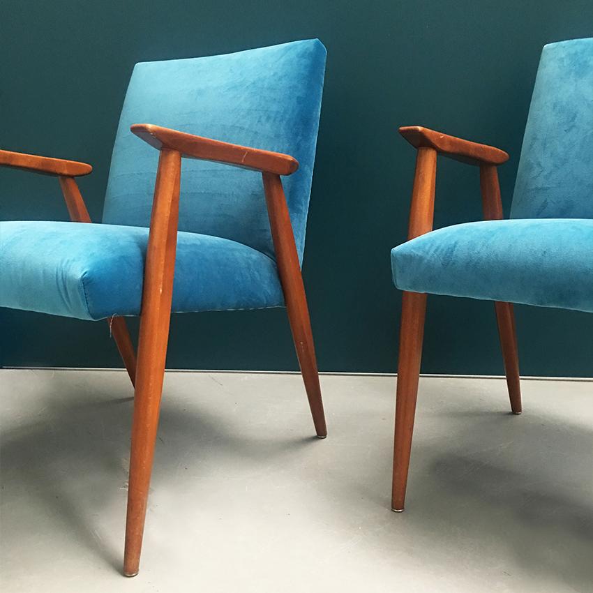 Mid-Century Modern Danish Wooden Structure and Light Blue Velvet Armchair, 1960s