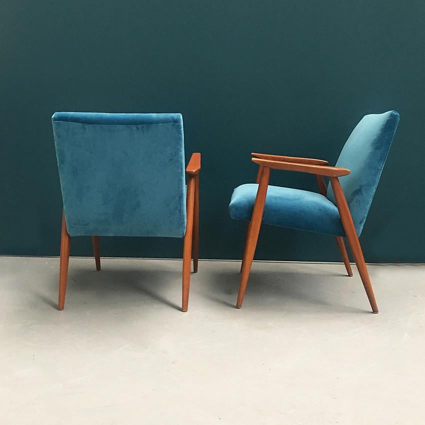 Danish Wooden Structure and Light Blue Velvet Armchair, 1960s 1