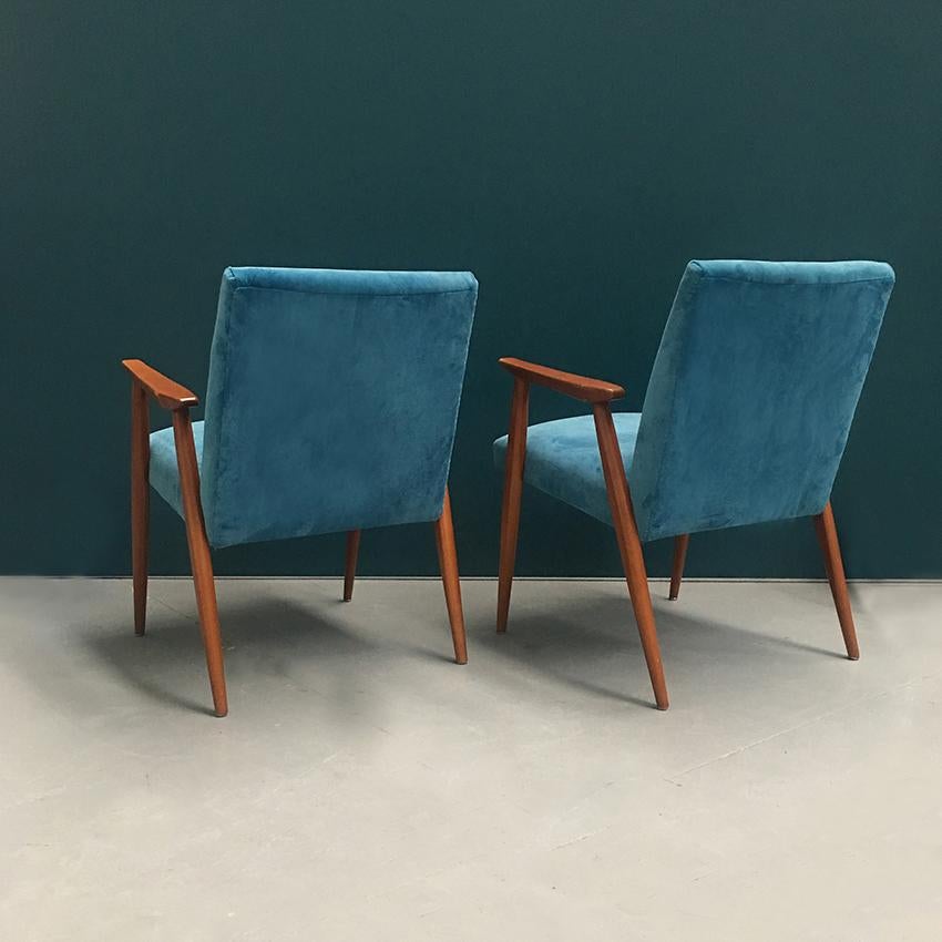 Danish Wooden Structure and Light Blue Velvet Armchair, 1960s 3