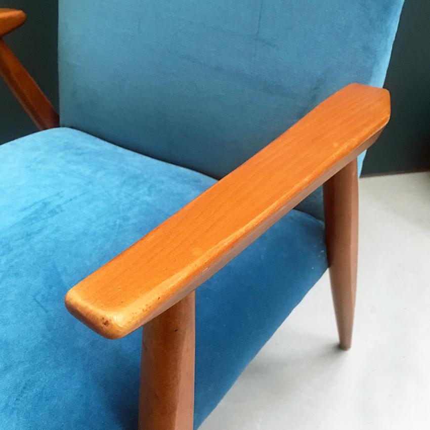 Danish Wooden Structure and Light Blue Velvet Armchair, 1960s 4