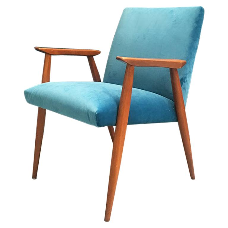 Danish Wooden Structure and Light Blue Velvet Armchair, 1960s