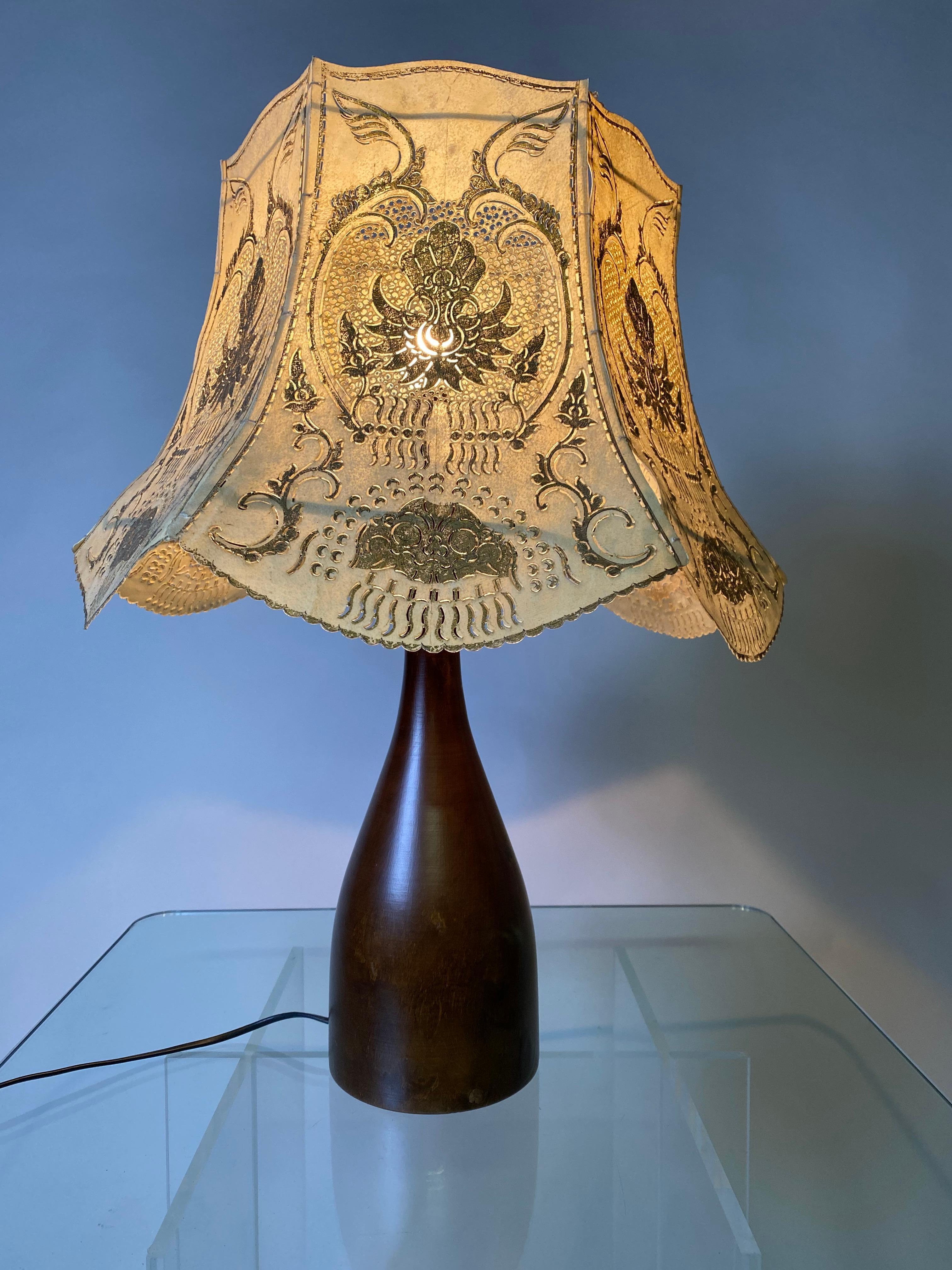 Hollywood Regency Danish Wooden Table Lamp with Gilded Hood For Sale