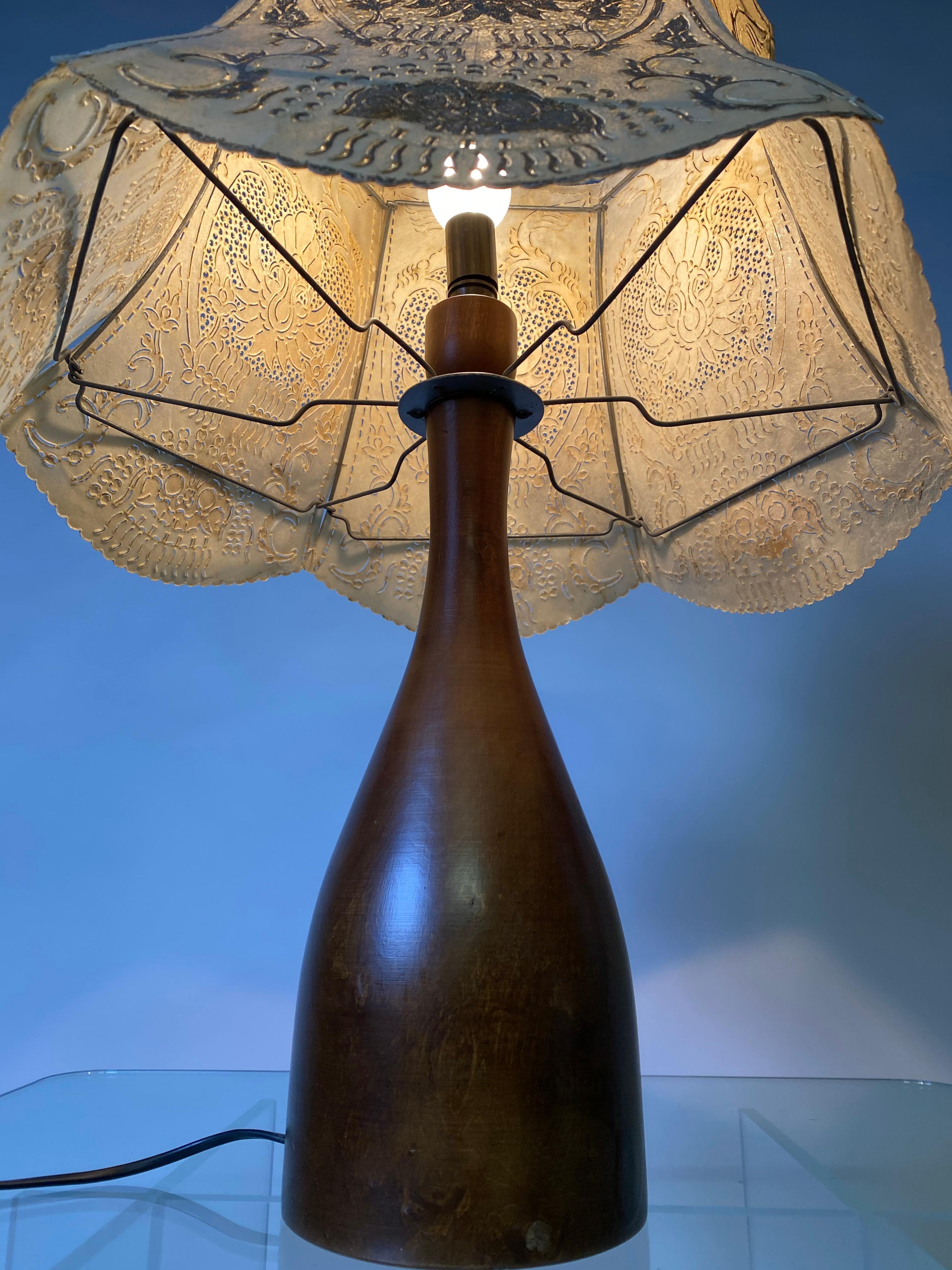 Varnished Danish Wooden Table Lamp with Gilded Hood For Sale