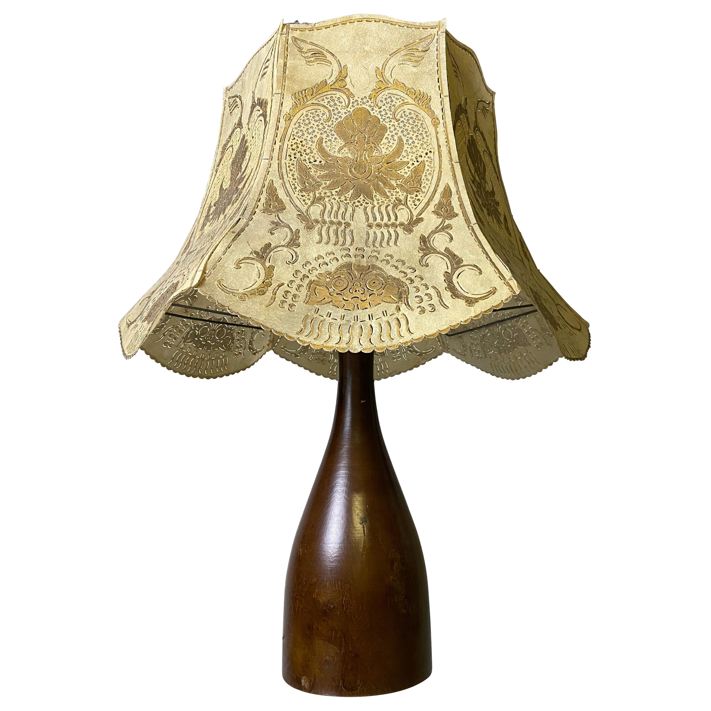 Danish Wooden Table Lamp with Gilded Hood For Sale