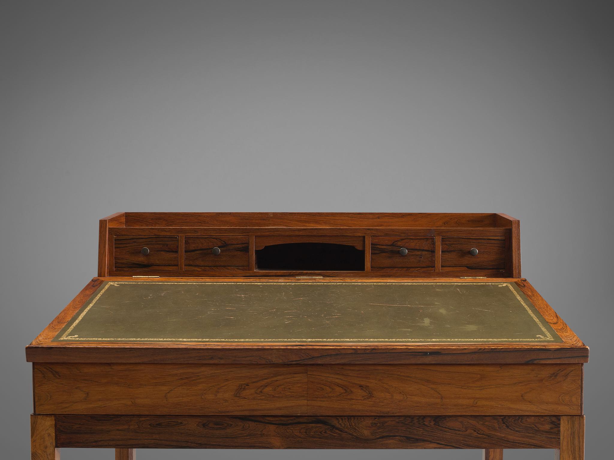 Mid-20th Century Danish Writing Desk with Olive Green Leather and Rosewood