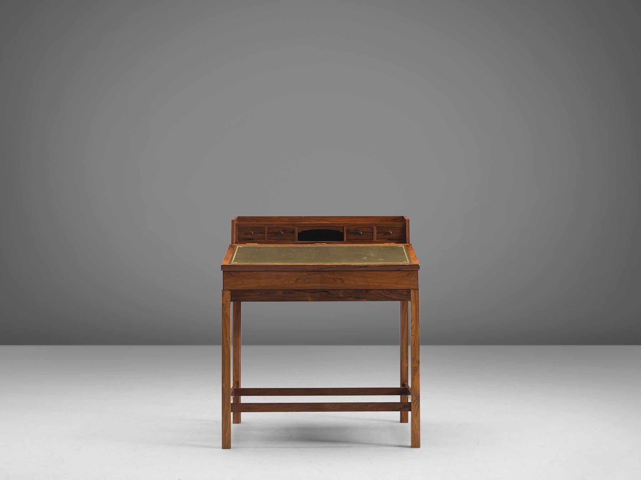 Danish Writing Desk with Olive Green Leather and Rosewood 1