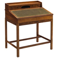 Danish Writing Desk with Olive Green Leather and Rosewood
