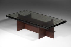 Danke studio coffee table with smoked glass top and steel base
