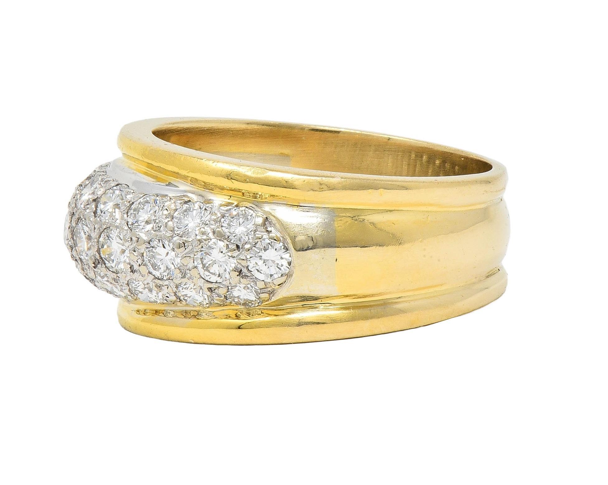 Women's or Men's Dankner 1980's 1.16 CTW 14 Karat Two-Tone Gold Vintage Pavé Dome Band Ring For Sale