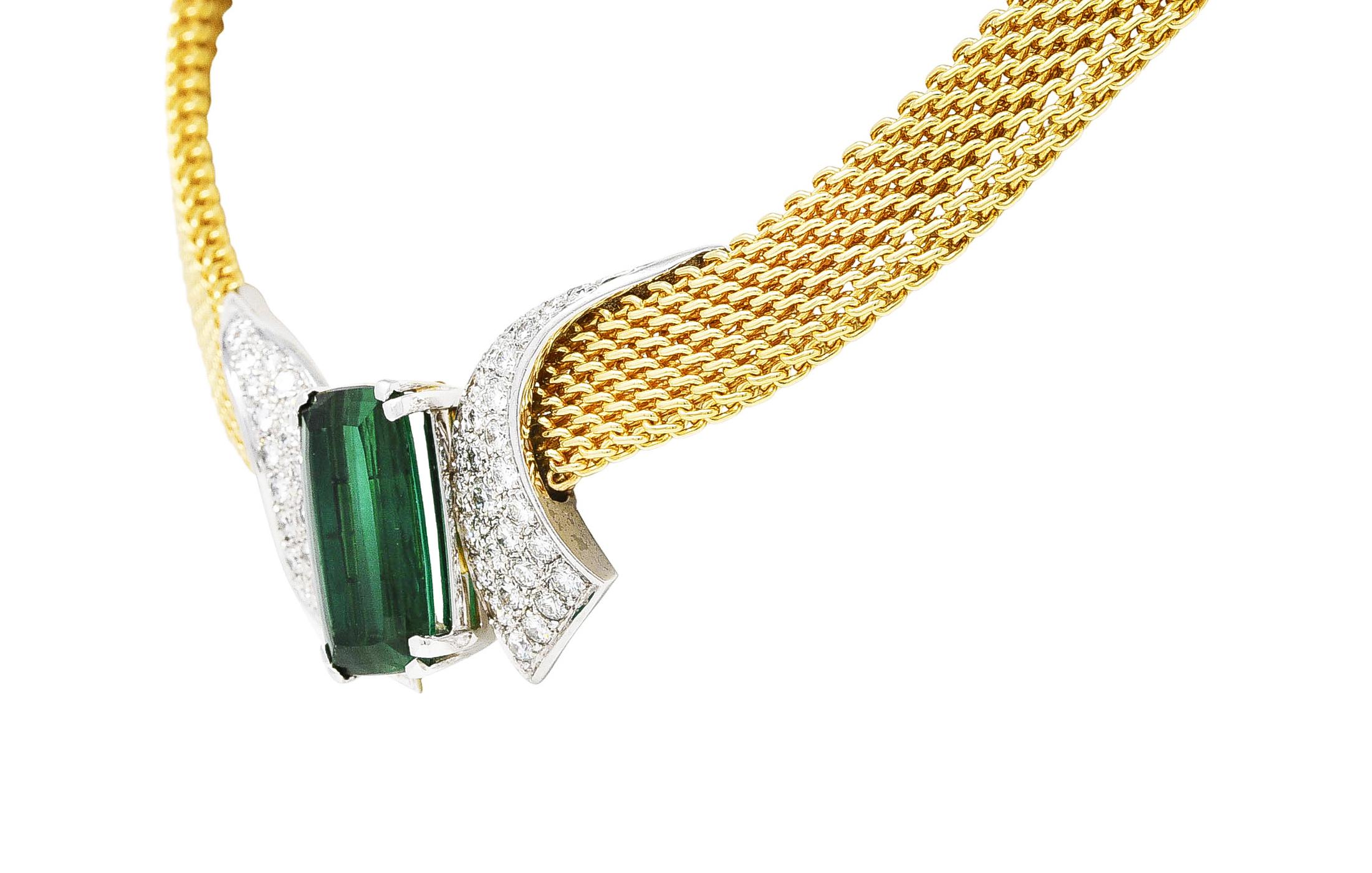 Contemporary Dankner 9.65 Carats Green Tourmaline Diamond 14 Karat Two-Tone Mesh Necklace