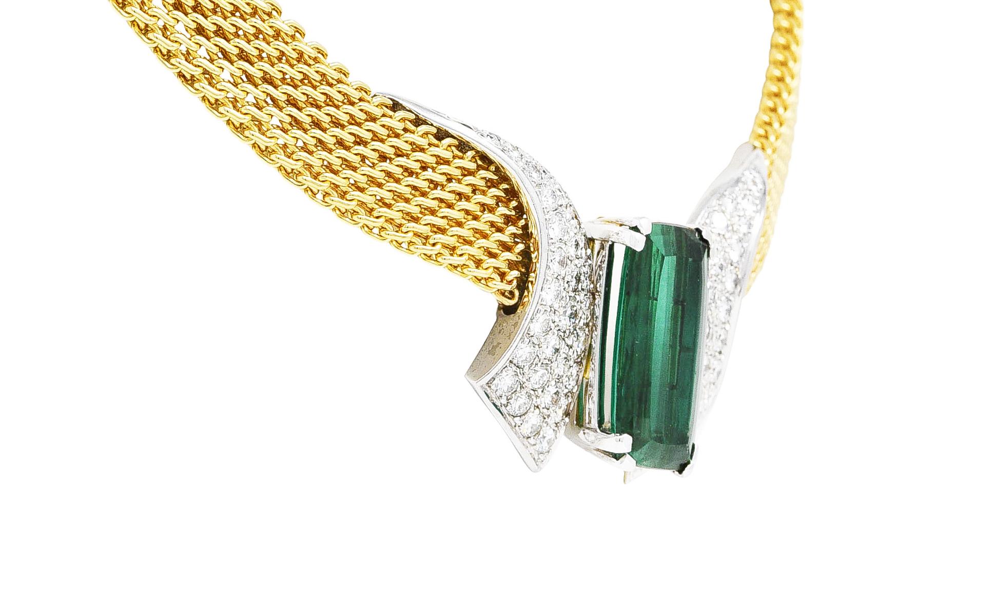 Dankner 9.65 Carats Green Tourmaline Diamond 14 Karat Two-Tone Mesh Necklace In Excellent Condition In Philadelphia, PA