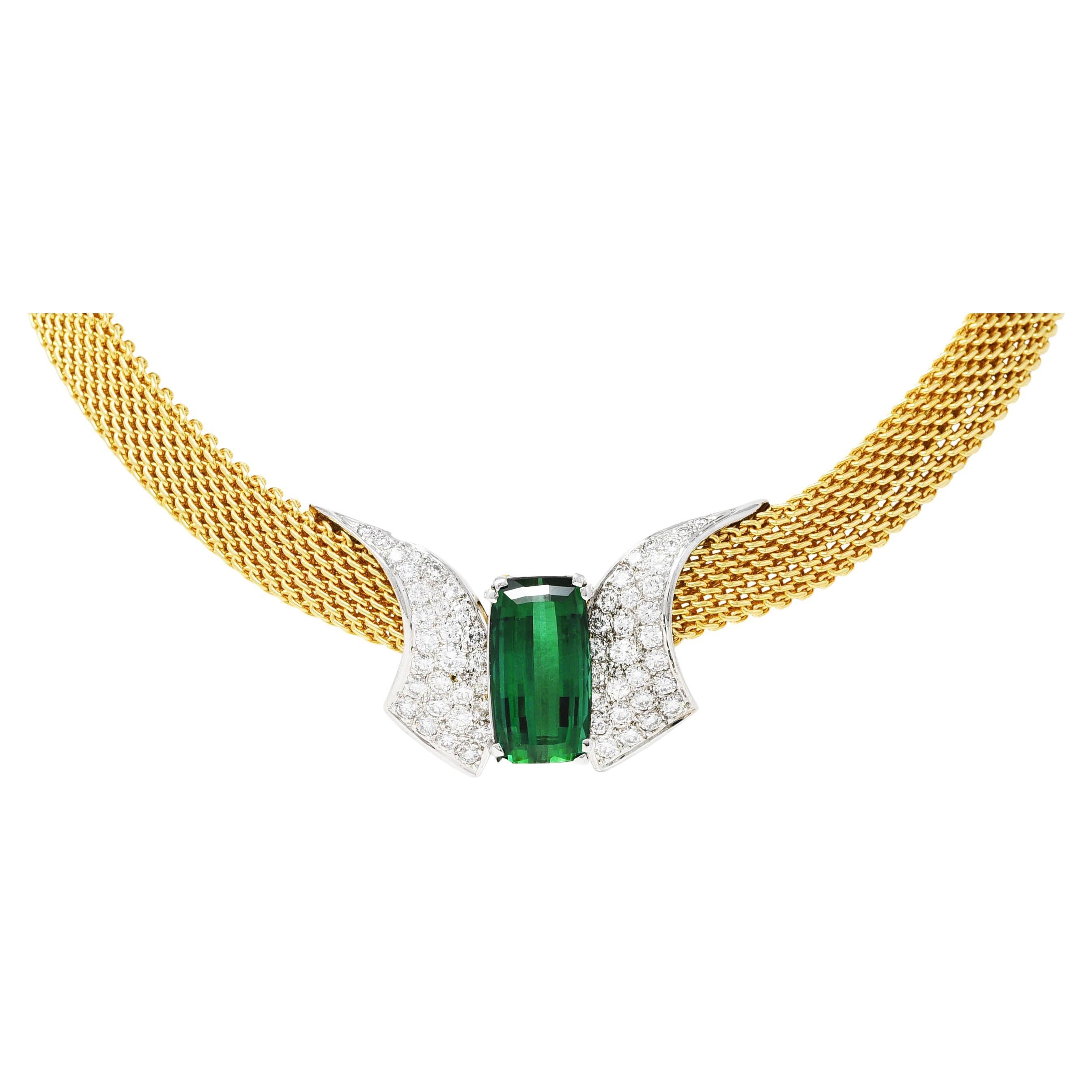 Dankner 9.65 Carats Green Tourmaline Diamond 14 Karat Two-Tone Mesh Necklace