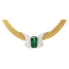 Dankner 9.65 Carats Green Tourmaline Diamond 14 Karat Two-Tone Mesh Necklace