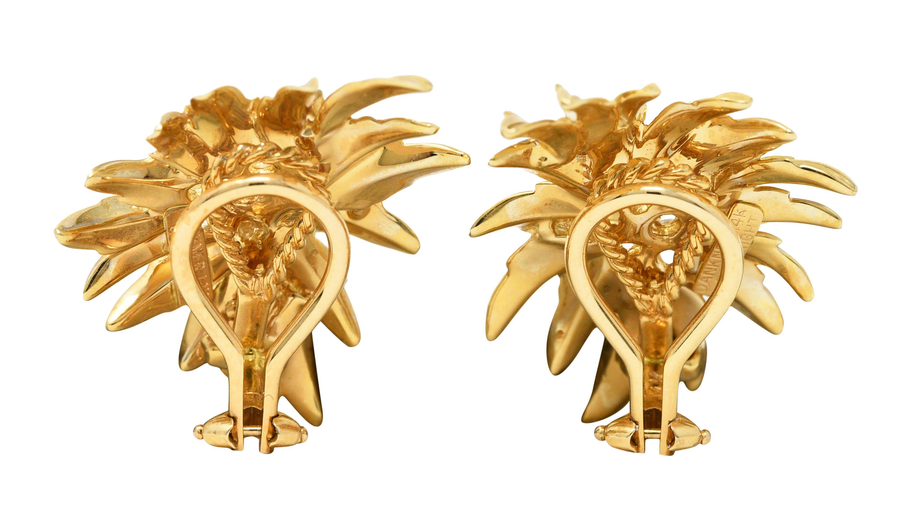 Contemporary Dankner Diamond 14 Karat Yellow Gold Floral Burst Ear-Clip Earrings