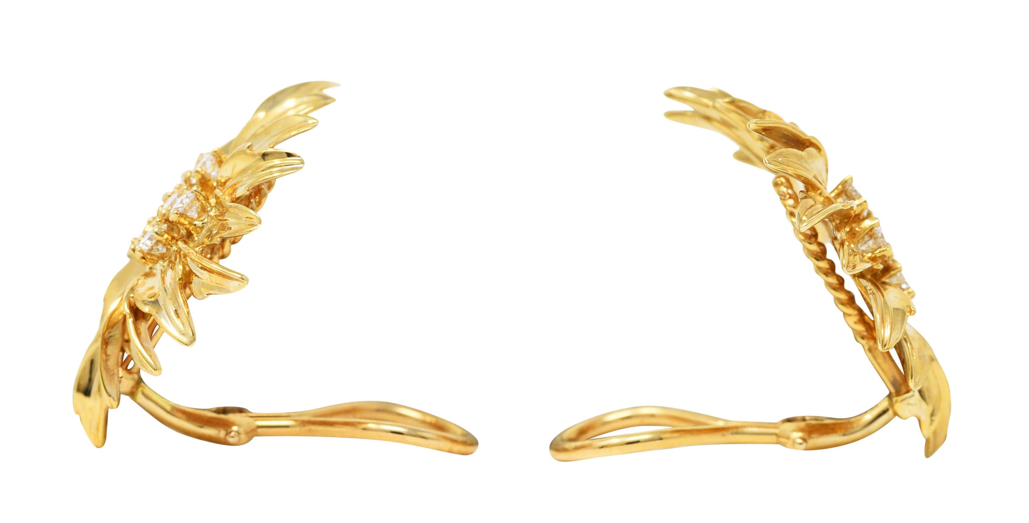Brilliant Cut Dankner Diamond 14 Karat Yellow Gold Floral Burst Ear-Clip Earrings