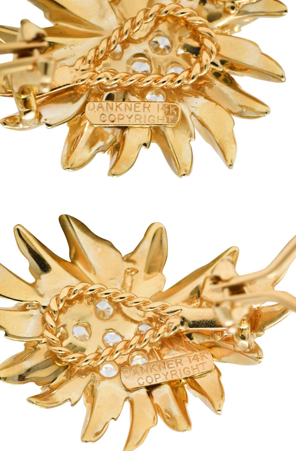 Dankner Diamond 14 Karat Yellow Gold Floral Burst Ear-Clip Earrings In Excellent Condition In Philadelphia, PA